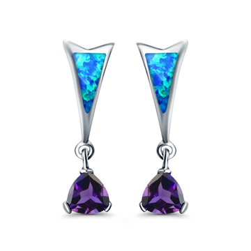 Stud Earrings Lab Created Blue Opal Triangle Simulated Amethyst CZ 925 Sterling Silver (25mm)
